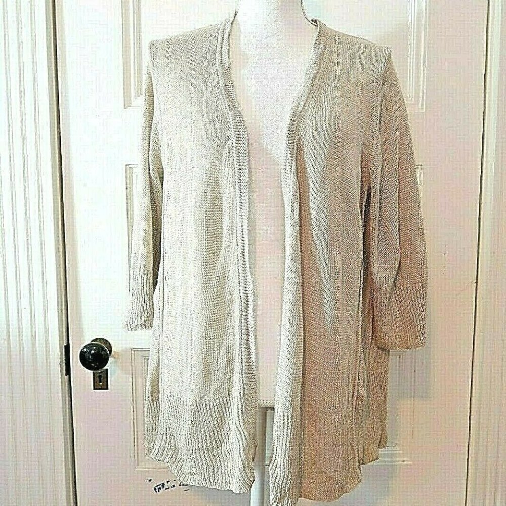 J. Jill Khaki Open Front Linen Knit Tunic Sweater